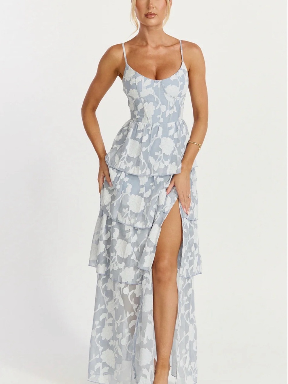 Showpo Janezkie Maxi Dress - Powder Blue & White Floral Tiered Prom Dress